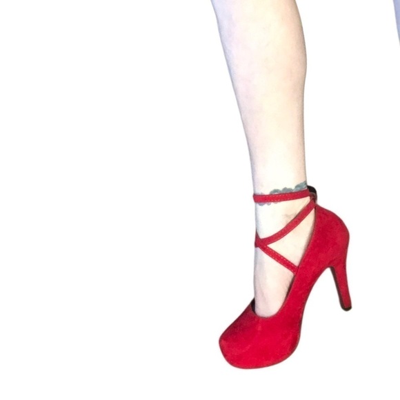 Red velvet platform heels sz 8.5 ankle Strappy stiletto Sexy MWOT valentines day - Picture 5 of 14